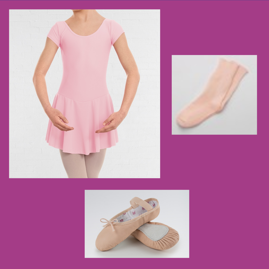 A light pink skirted leotard, socks and ballet shoes